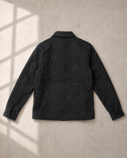 Back of Handmade Utilitarian Leather Jacket with single cuff snap