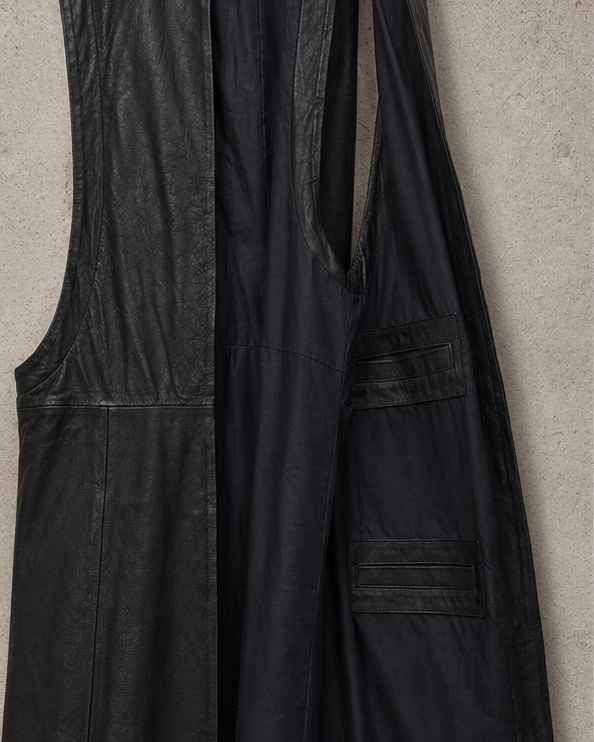 Black leather duster vest with leather-trimmed pockets on a neutral background
