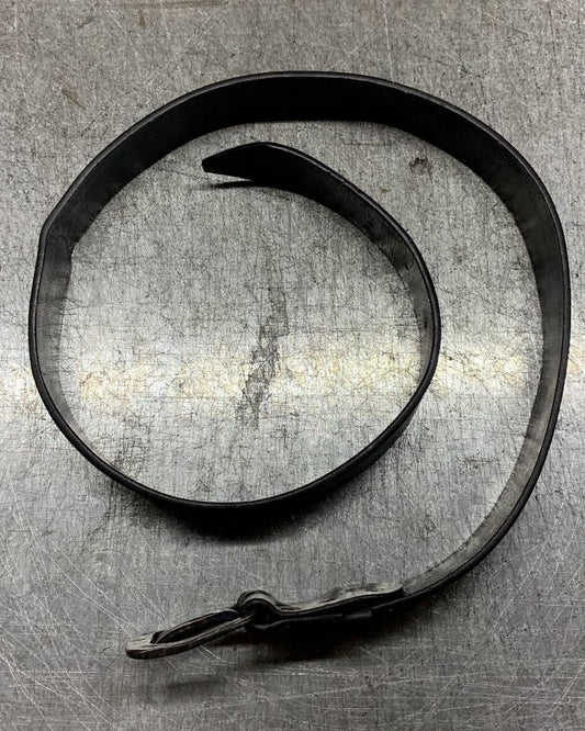 Aevum black leather belt shown at full length