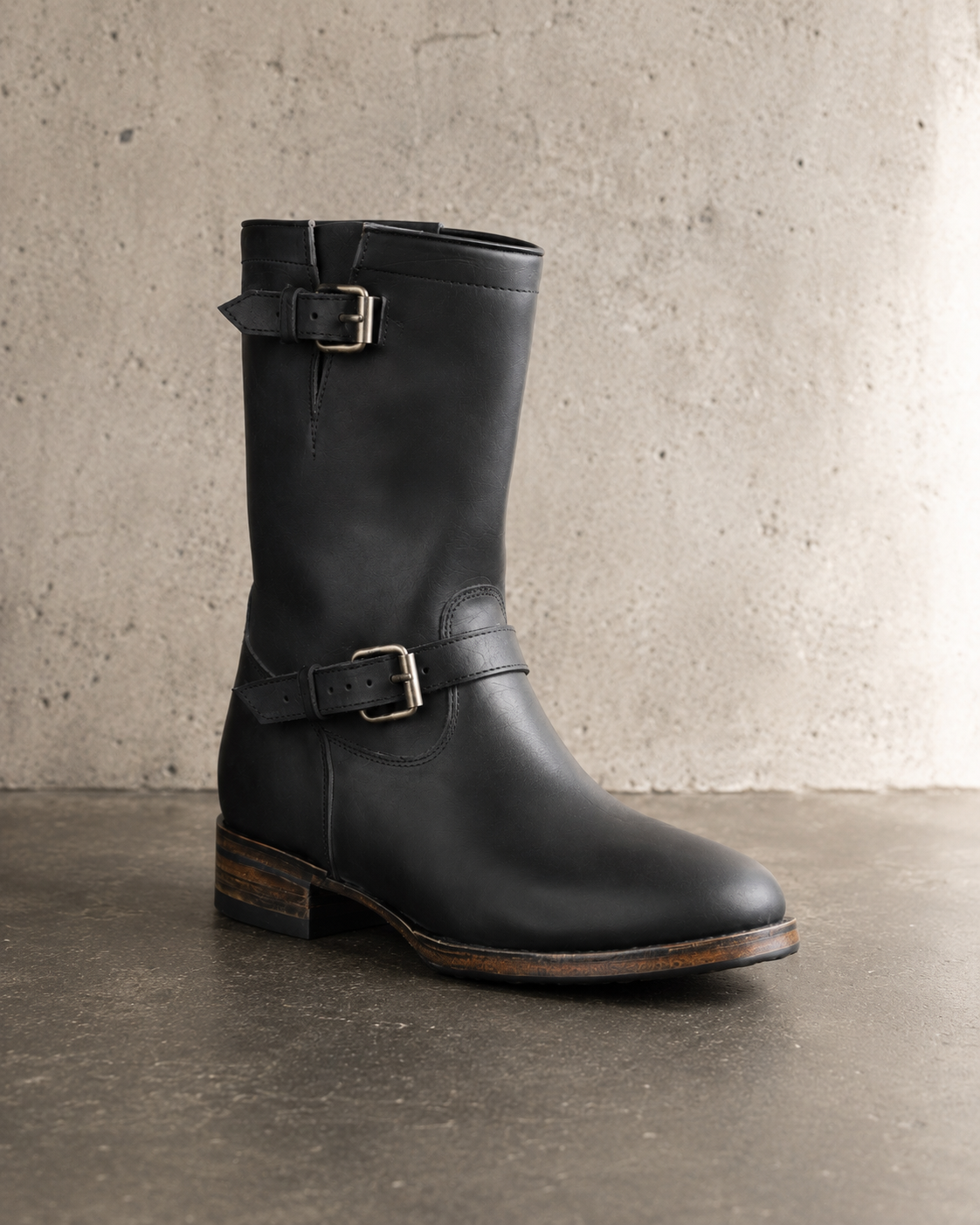 IO Engineers black custom leather engineer boot front three-quarter view