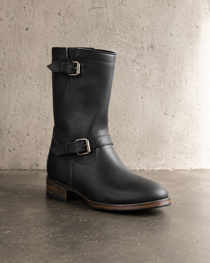 IO Engineers black custom leather engineer boot front three-quarter view