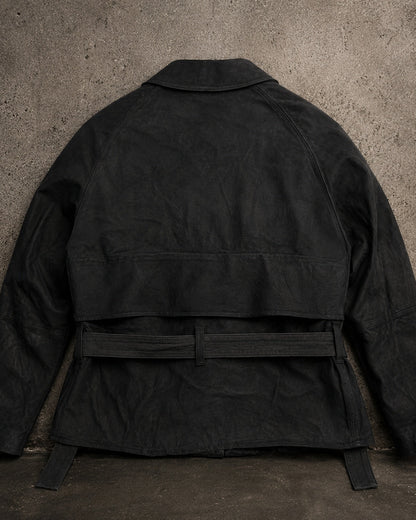 Handmade Leather Trench Jacket back detail on IO industrial concrete backdrop