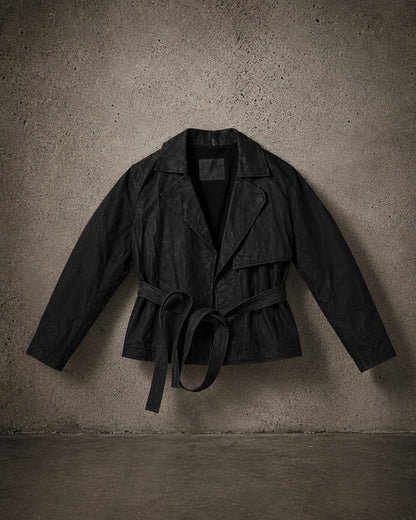 Handmade Leather Trench Jacket front view on IO industrial concrete backdrop