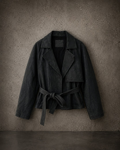 Handmade Leather Trench Jacket front hanging view on IO industrial concrete backdrop