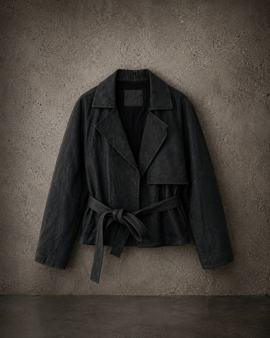 Handmade Leather Trench Jacket front hanging view on IO industrial concrete backdrop