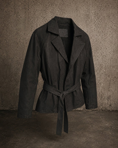 Handmade Leather Trench Jacket upright front view on IO industrial concrete backdrop