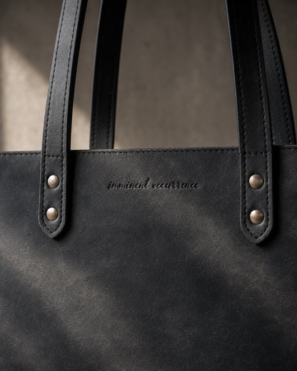 Imminent Occurrence leather tote bag logo and rivet detail