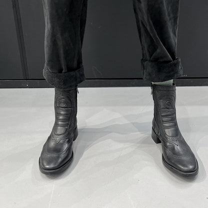 Oxford Short black leather boots worn, frontal view